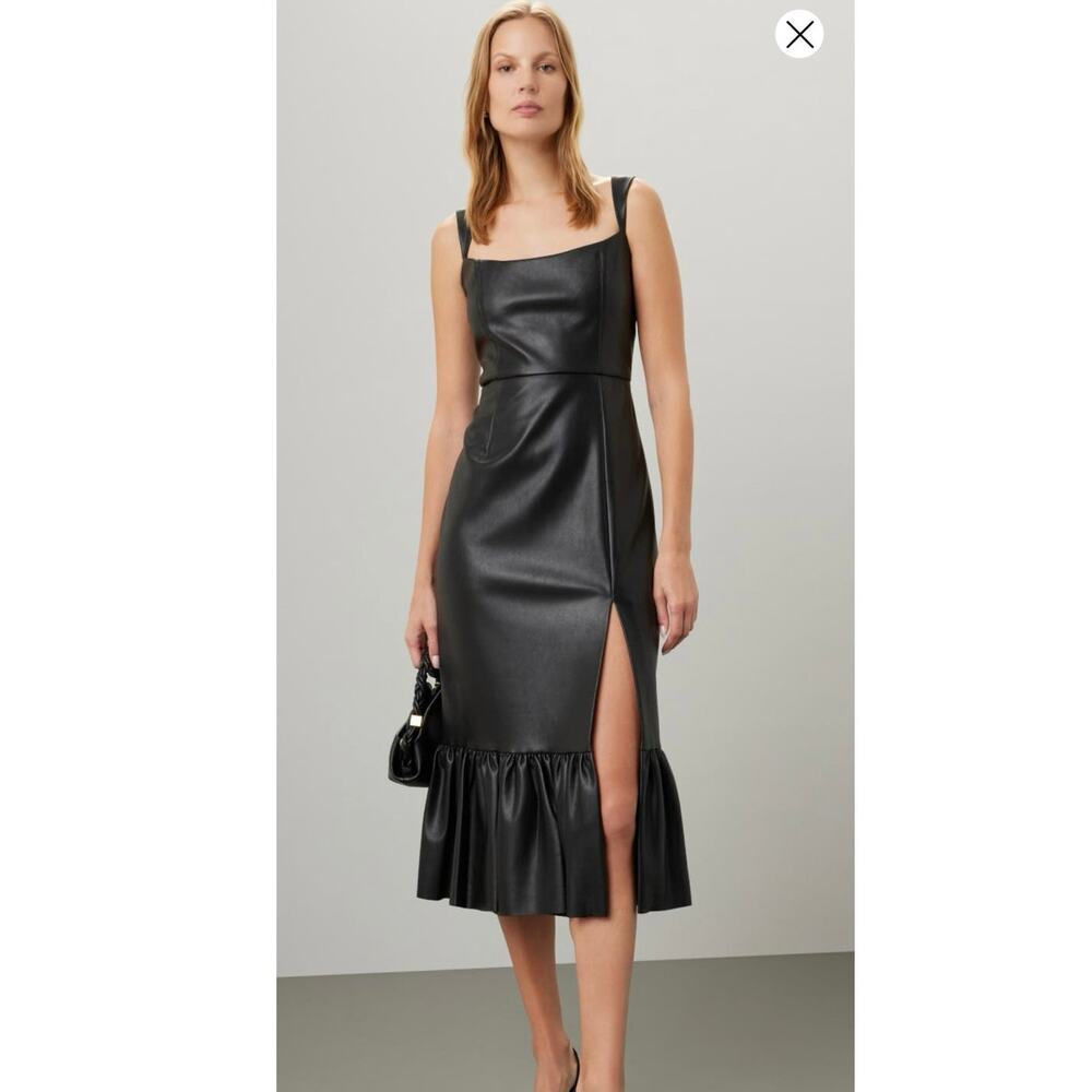 SACHIN & BABI Black Faux Leather Sheath Square Neck Front Slit Laura Dress sz 0